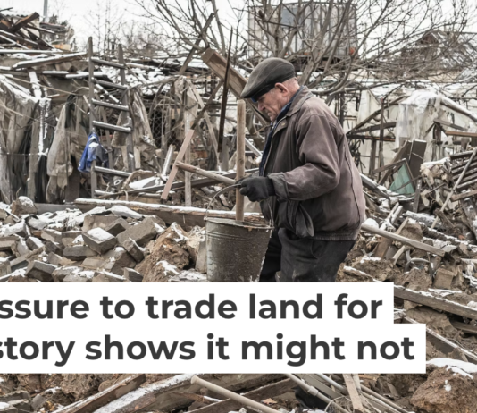 An elderly Ukrainian walks through the rubble following a Russian aerial bomb strike in Donetsk Oblast. Diego Herrera Carcedo/Anadolu via Getty Images
